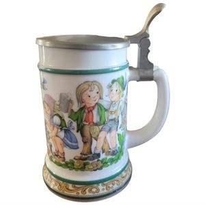 Vtg German Original BMF Bierseidel Pewter Lidded Milk Glass Beer Stein Irish